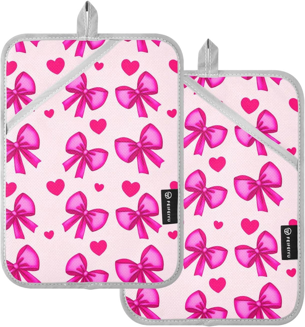 Bow Heart Light Pink Pot Holders for Kitchen Hot Pads 2 Pcs Heat Resistant Oven Mitts Pot Holder with Pockets Trivets Potholders for Hot Pans Dishes Cooking Baking Kitchen Accessories