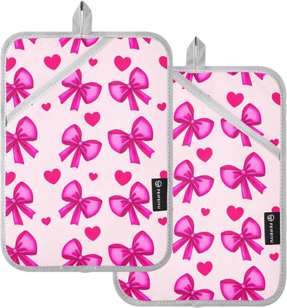 Bow Heart Light Pink Pot Holders for Kitchen Hot Pads 2 Pcs Heat Resistant Oven Mitts Pot Holder with Pockets Trivets Potholders for Hot Pans Dishes Cooking Baking Kitchen Accessories