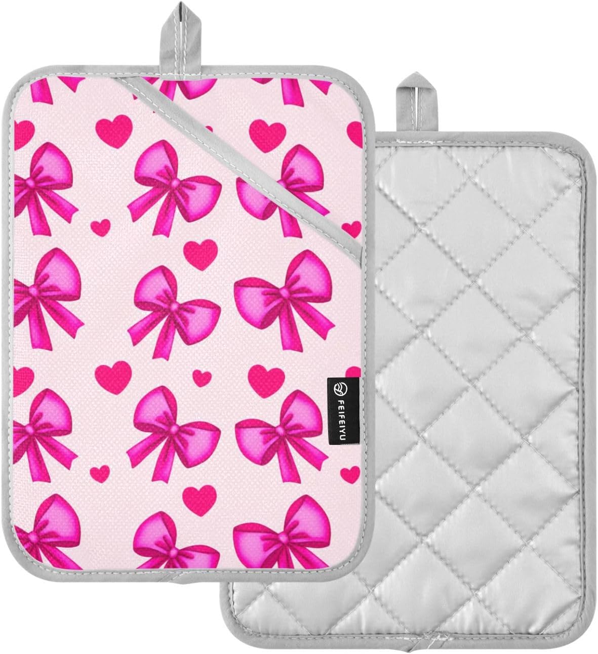 Bow Heart Light Pink Pot Holders for Kitchen Hot Pads 2 Pcs Heat Resistant Oven Mitts Pot Holder with Pockets Trivets Potholders for Hot Pans Dishes Cooking Baking Kitchen Accessories