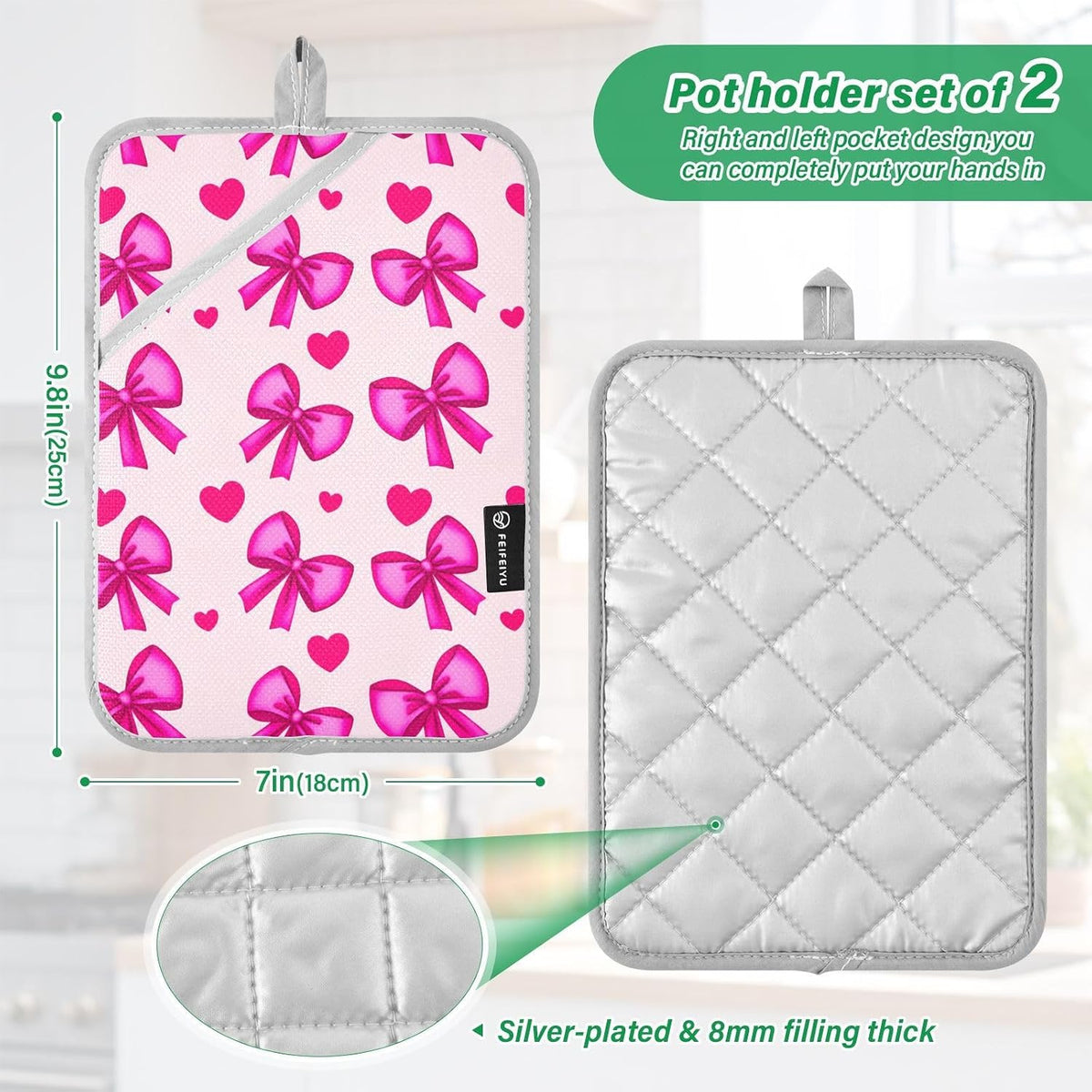 Bow Heart Light Pink Pot Holders for Kitchen Hot Pads 2 Pcs Heat Resistant Oven Mitts Pot Holder with Pockets Trivets Potholders for Hot Pans Dishes Cooking Baking Kitchen Accessories
