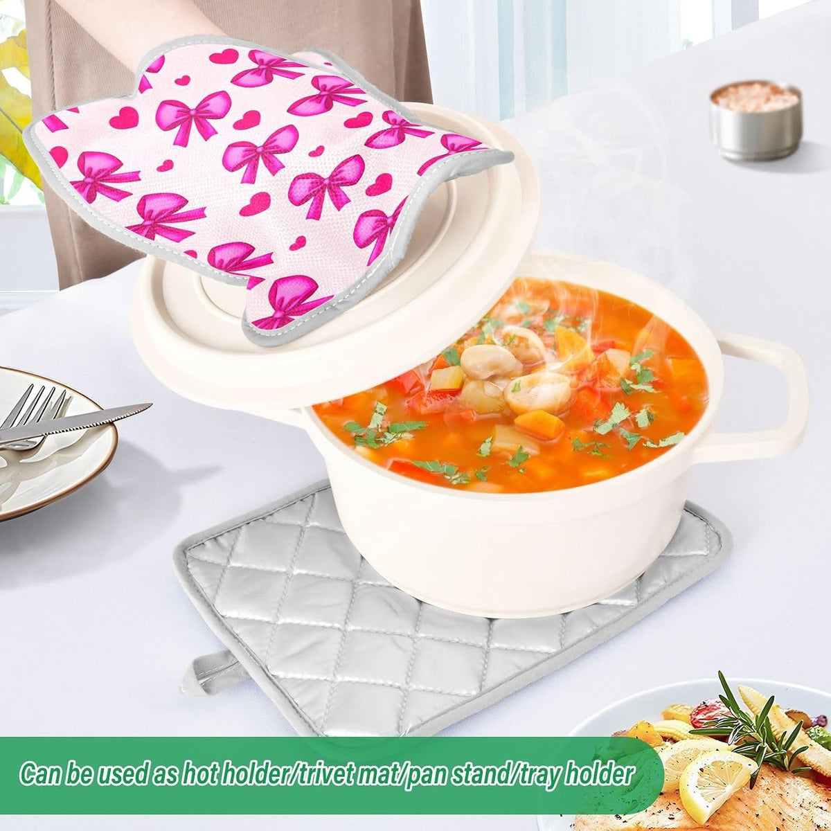 Bow Heart Light Pink Pot Holders for Kitchen Hot Pads 2 Pcs Heat Resistant Oven Mitts Pot Holder with Pockets Trivets Potholders for Hot Pans Dishes Cooking Baking Kitchen Accessories