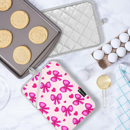 Bow Heart Light Pink Pot Holders for Kitchen Hot Pads 2 Pcs Heat Resistant Oven Mitts Pot Holder with Pockets Trivets Potholders for Hot Pans Dishes Cooking Baking Kitchen Accessories
