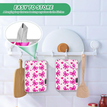 Bow Heart Light Pink Pot Holders for Kitchen Hot Pads 2 Pcs Heat Resistant Oven Mitts Pot Holder with Pockets Trivets Potholders for Hot Pans Dishes Cooking Baking Kitchen Accessories
