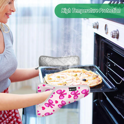 Bow Heart Light Pink Pot Holders for Kitchen Hot Pads 2 Pcs Heat Resistant Oven Mitts Pot Holder with Pockets Trivets Potholders for Hot Pans Dishes Cooking Baking Kitchen Accessories
