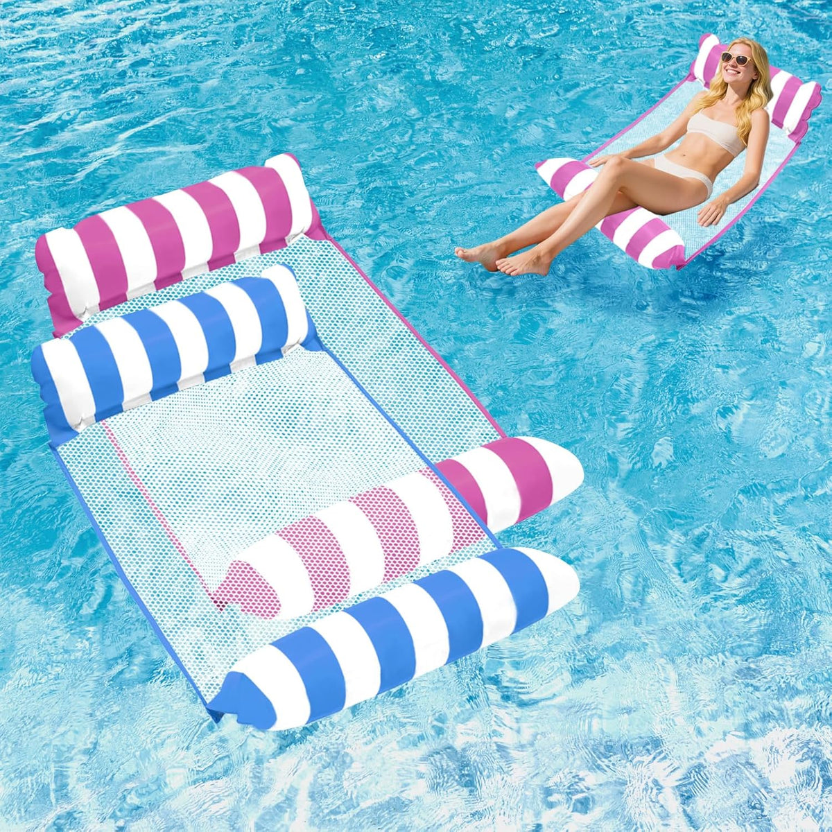 Pool Floats Adult - Upgraded Inflatable Mesh Floating Rafts, 4-in-1 Multi-Purpose Pool Float, Water Hammock Lounges Floaties for Parties Multi Colors