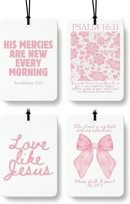 Pink Christian Car Air Freshener 4 Pcs, Girly Pink Bow Floral Religious Hanging Air Freshener for Cars Closet Drawer Books, Cute Preppy Christian Car Accessories Mirror Decor for Women