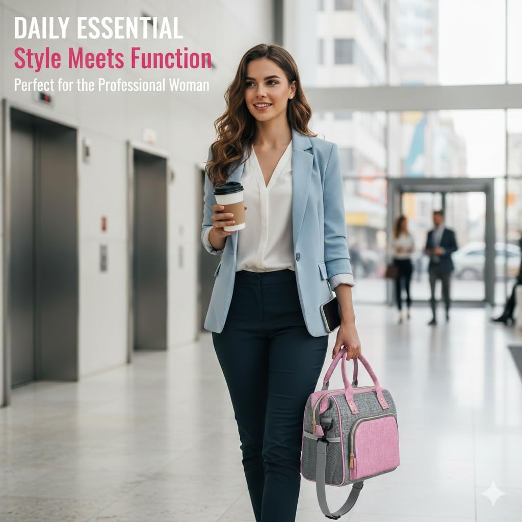 Insulated Lunch Box for Women, Cute & Reusable Cooler Lunch Bag for Work, Office & Picnic, Leak-Proof Tote with Shoulder Strap (Pink)