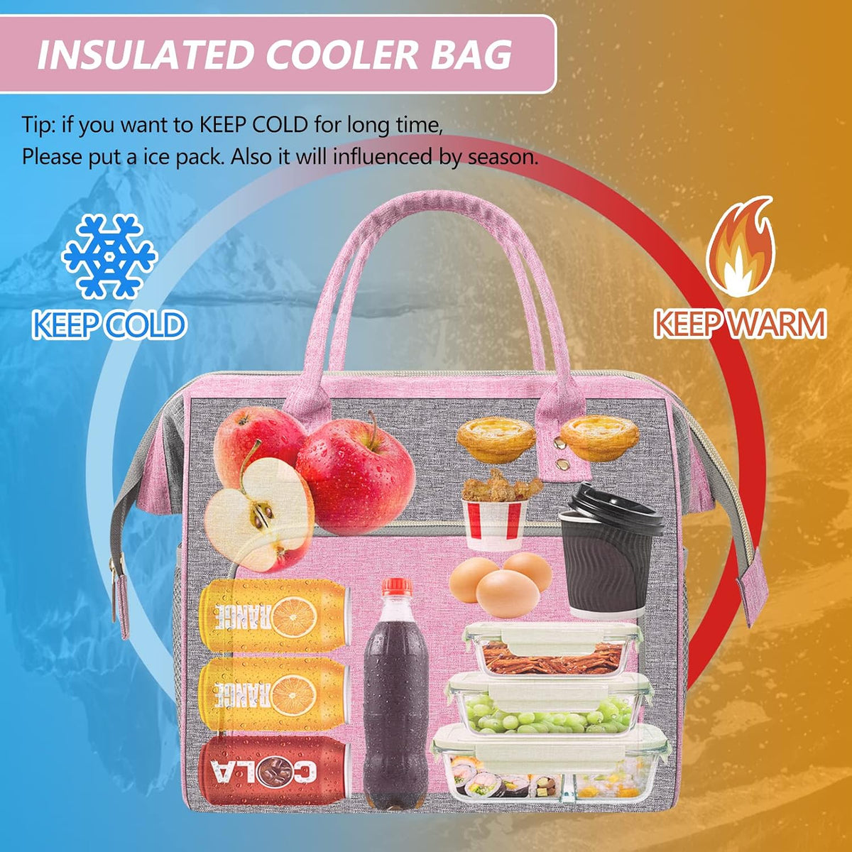 Insulated Lunch Box for Women, Cute & Reusable Cooler Lunch Bag for Work, Office & Picnic, Leak-Proof Tote with Shoulder Strap (Pink)