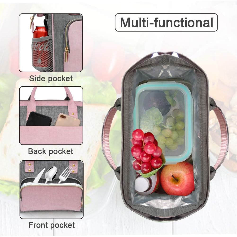 Insulated Lunch Box for Women, Cute & Reusable Cooler Lunch Bag for Work, Office & Picnic, Leak-Proof Tote with Shoulder Strap (Pink)