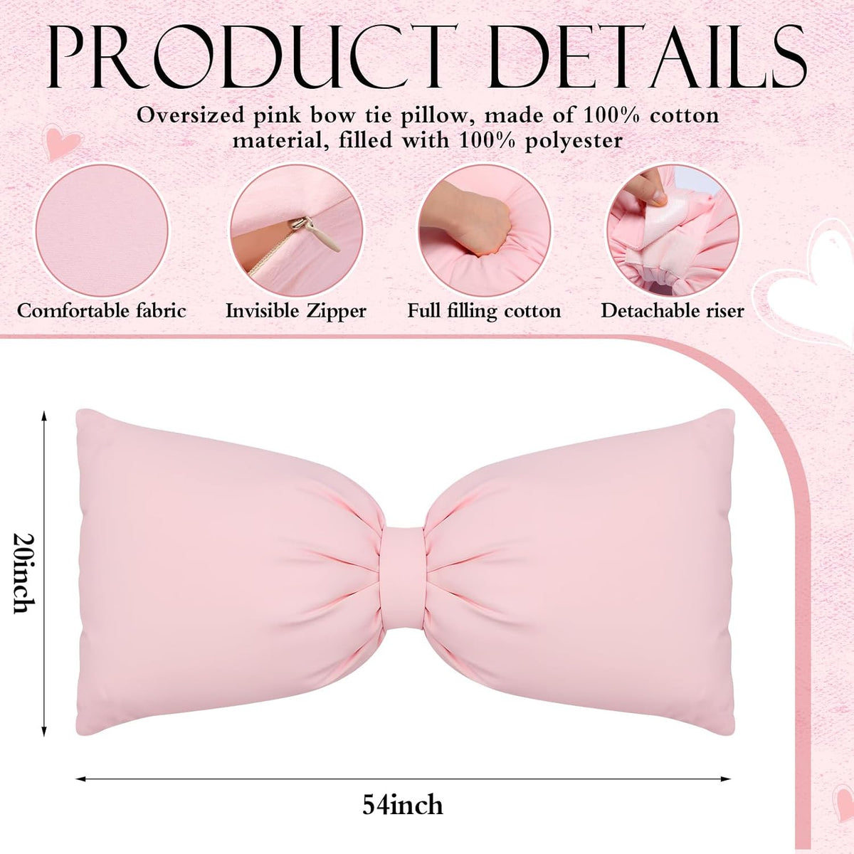 Pink Long Bow Pillow 12 x 30 Inch 100% Cotton Oversized Pillow Coquette Big Bow Shaped Cushion Aesthetic Room Decor Cushion for Bed Sofa Couch Holiday Car Coquette Decor