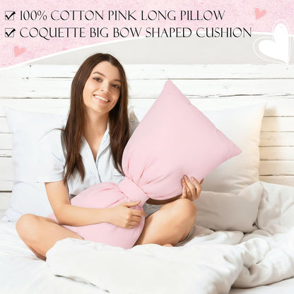 Pink Long Bow Pillow 12 x 30 Inch 100% Cotton Oversized Pillow Coquette Big Bow Shaped Cushion Aesthetic Room Decor Cushion for Bed Sofa Couch Holiday Car Coquette Decor