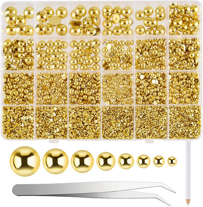 NACHLYNN 12000 Pcs Half Pearl Bead 8 Sizes Gold Peach Flatback Pearl Beads for Crafts Graduation Cap Embellishment Shoes Phone Case Making