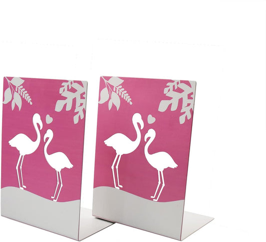 Metal Book End for Kids Cute Bookends with Nonskid Base 1 Pair Cartoon Pink Flamingo