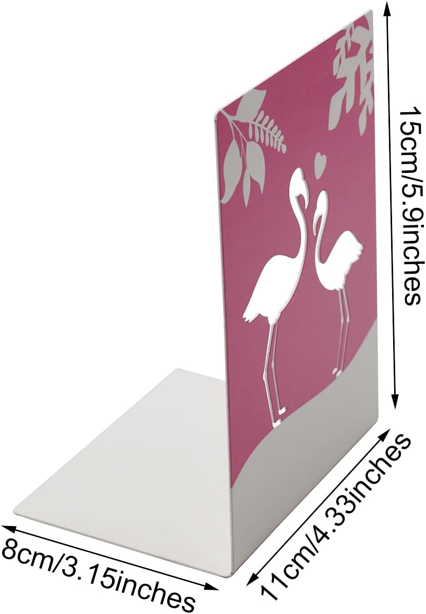 Metal Book End for Kids Cute Bookends with Nonskid Base 1 Pair Cartoon Pink Flamingo