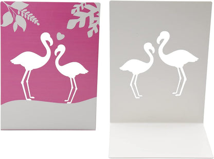 Metal Book End for Kids Cute Bookends with Nonskid Base 1 Pair Cartoon Pink Flamingo