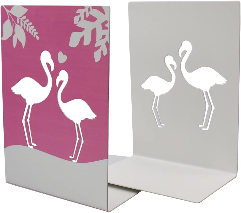 Metal Book End for Kids Cute Bookends with Nonskid Base 1 Pair Cartoon Pink Flamingo