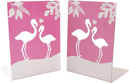 Metal Book End for Kids Cute Bookends with Nonskid Base 1 Pair Cartoon Pink Flamingo