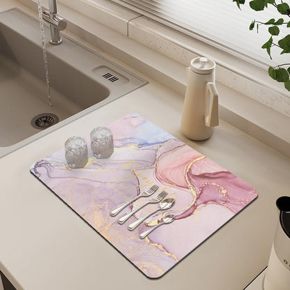 Dish Drying Mat - 16" x 12" Pink Marble Silicone Mat with Non-Slip Base - Easy Clean - Absorbent - For Kitchen Counter - Match with Coffee Maker