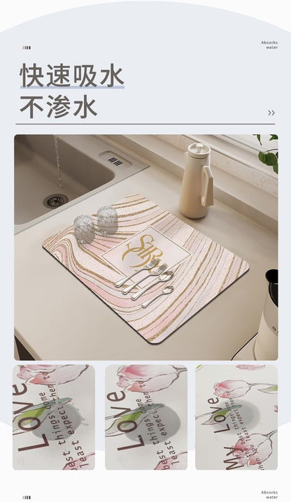 Dish Drying Mat - 16" x 12" Pink Marble Silicone Mat with Non-Slip Base - Easy Clean - Absorbent - For Kitchen Counter - Match with Coffee Maker