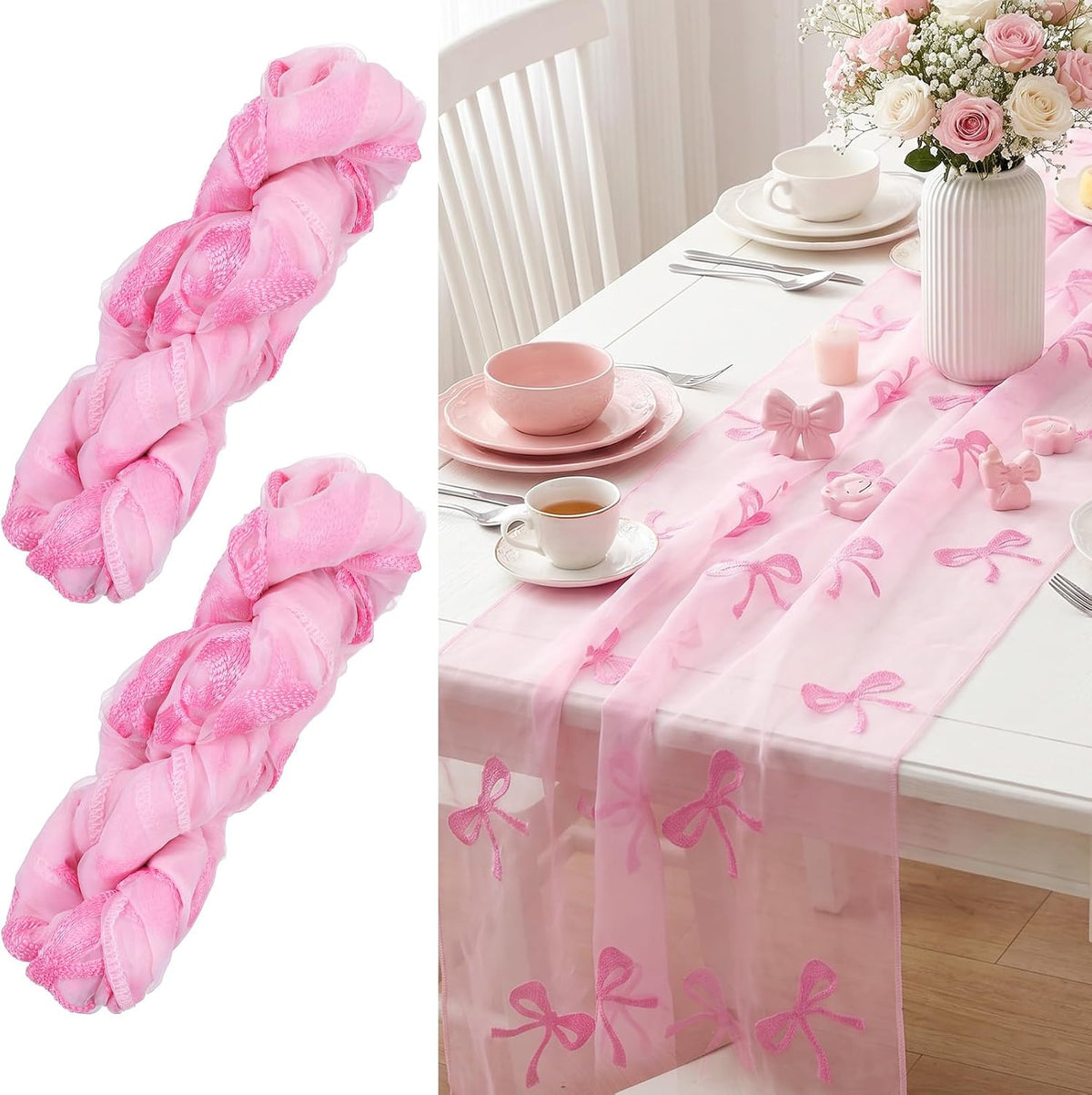 2 Pcs Pink Bow Table Runner, 28 x 118 Inch Pink Bow Tulle Table Runner 9.8 Feet Cute Gauze Dessert Tables Runners for Birthday, Party, Baby Shower, Wedding, Valentine's Day