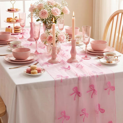 2 Pcs Pink Bow Table Runner, 28 x 118 Inch Pink Bow Tulle Table Runner 9.8 Feet Cute Gauze Dessert Tables Runners for Birthday, Party, Baby Shower, Wedding, Valentine's Day