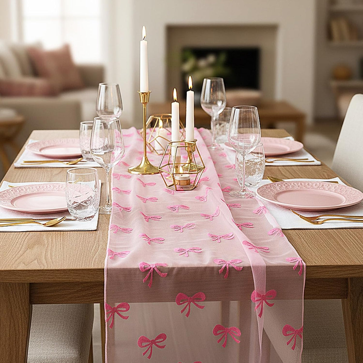 2 Pcs Pink Bow Table Runner, 28 x 118 Inch Pink Bow Tulle Table Runner 9.8 Feet Cute Gauze Dessert Tables Runners for Birthday, Party, Baby Shower, Wedding, Valentine's Day