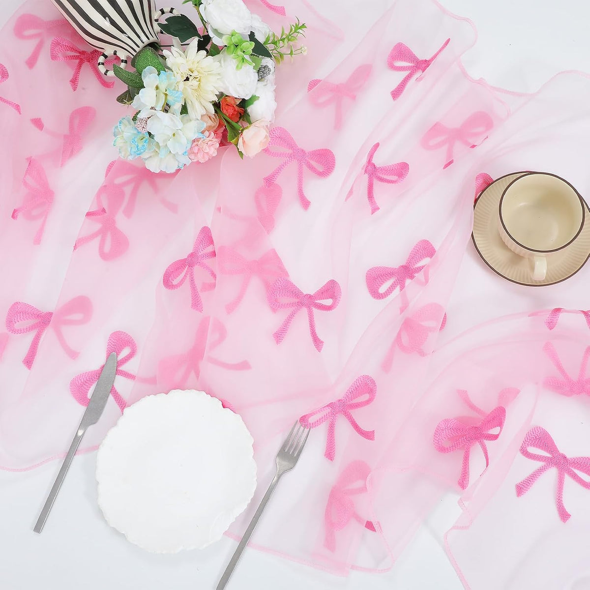 2 Pcs Pink Bow Table Runner, 28 x 118 Inch Pink Bow Tulle Table Runner 9.8 Feet Cute Gauze Dessert Tables Runners for Birthday, Party, Baby Shower, Wedding, Valentine's Day