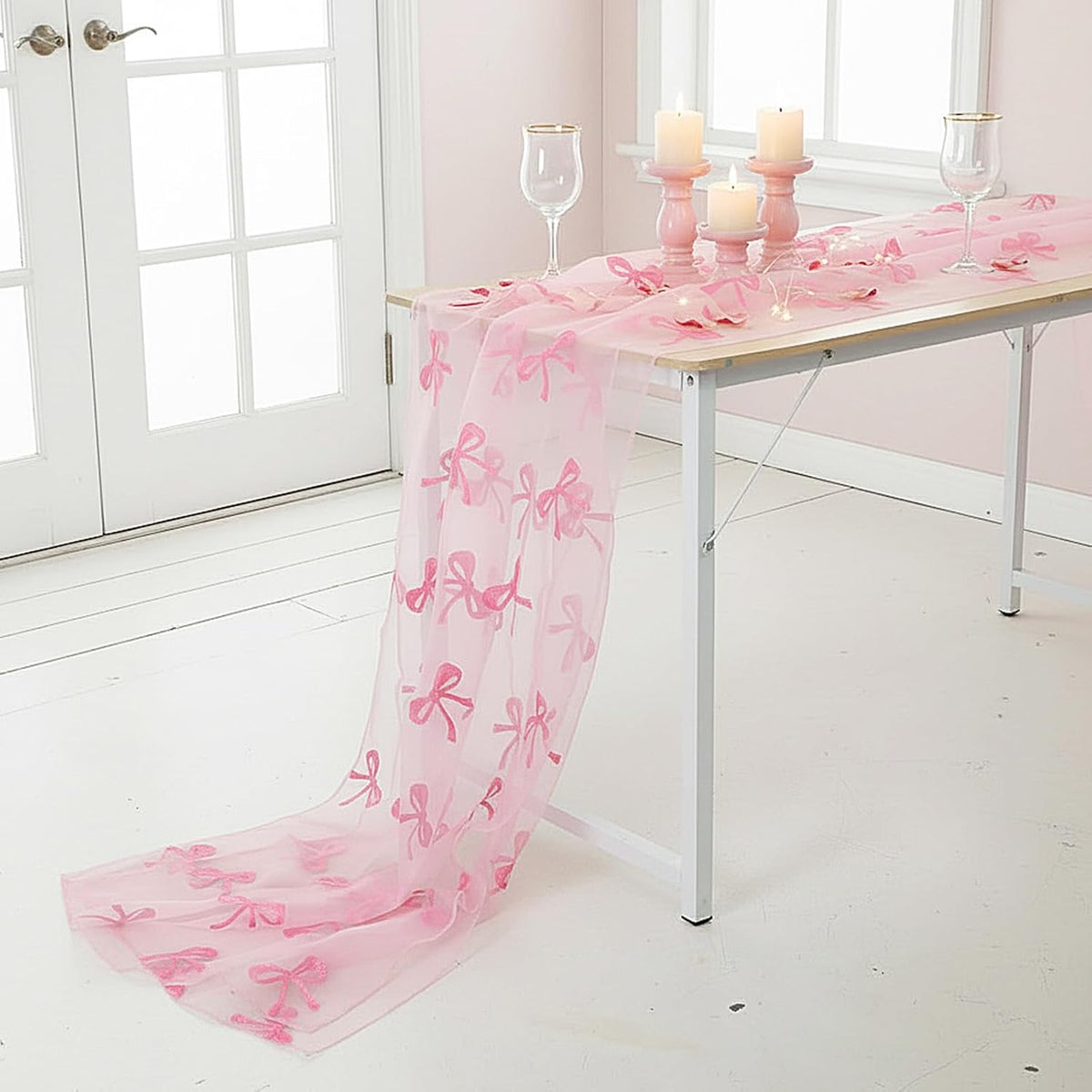 2 Pcs Pink Bow Table Runner, 28 x 118 Inch Pink Bow Tulle Table Runner 9.8 Feet Cute Gauze Dessert Tables Runners for Birthday, Party, Baby Shower, Wedding, Valentine's Day