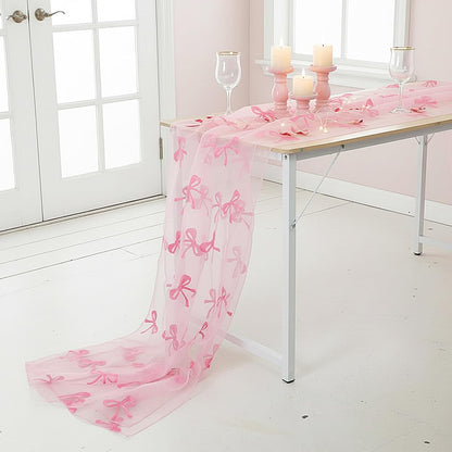 2 Pcs Pink Bow Table Runner, 28 x 118 Inch Pink Bow Tulle Table Runner 9.8 Feet Cute Gauze Dessert Tables Runners for Birthday, Party, Baby Shower, Wedding, Valentine's Day