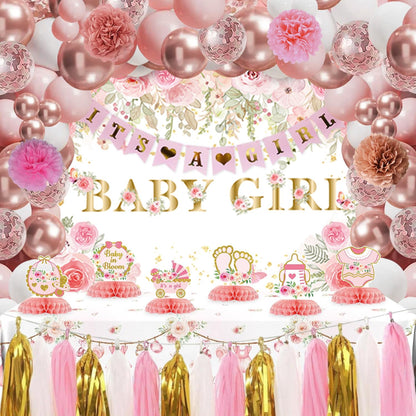 Floral Baby Shower Decorations for Girl, Pink Rose Gold Girl Baby Shower Decorations Party Supplies with Honeycomb Centerpieces Tablecloth Backdrop Tassel Balloons Arch Kit