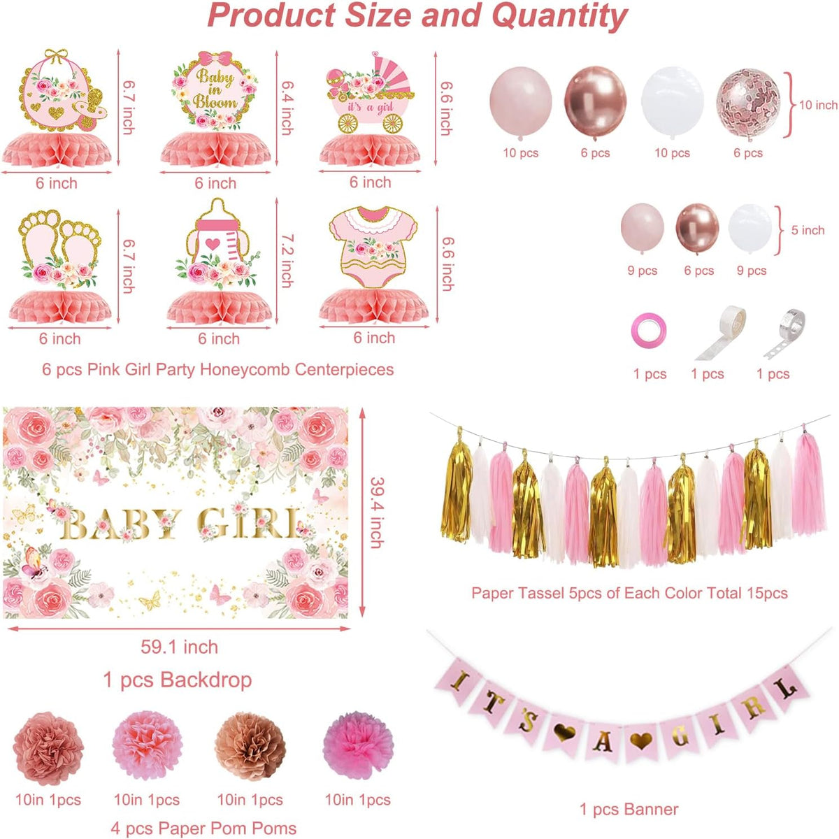 Floral Baby Shower Decorations for Girl, Pink Rose Gold Girl Baby Shower Decorations Party Supplies with Honeycomb Centerpieces Tablecloth Backdrop Tassel Balloons Arch Kit