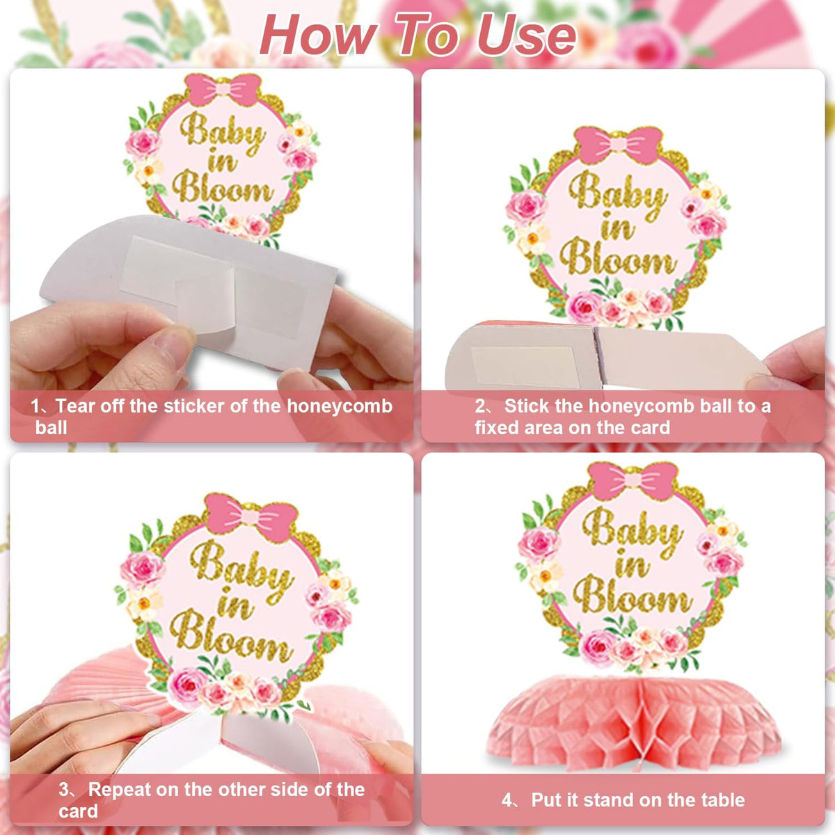 Floral Baby Shower Decorations for Girl, Pink Rose Gold Girl Baby Shower Decorations Party Supplies with Honeycomb Centerpieces Tablecloth Backdrop Tassel Balloons Arch Kit