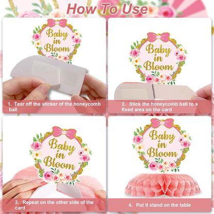 Floral Baby Shower Decorations for Girl, Pink Rose Gold Girl Baby Shower Decorations Party Supplies with Honeycomb Centerpieces Tablecloth Backdrop Tassel Balloons Arch Kit