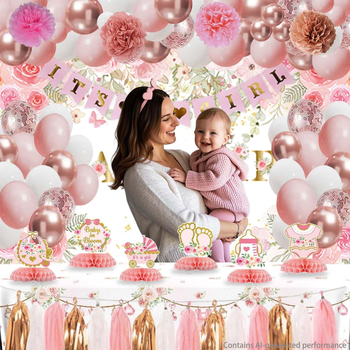 Floral Baby Shower Decorations for Girl, Pink Rose Gold Girl Baby Shower Decorations Party Supplies with Honeycomb Centerpieces Tablecloth Backdrop Tassel Balloons Arch Kit