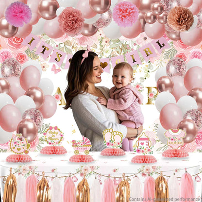 Floral Baby Shower Decorations for Girl, Pink Rose Gold Girl Baby Shower Decorations Party Supplies with Honeycomb Centerpieces Tablecloth Backdrop Tassel Balloons Arch Kit