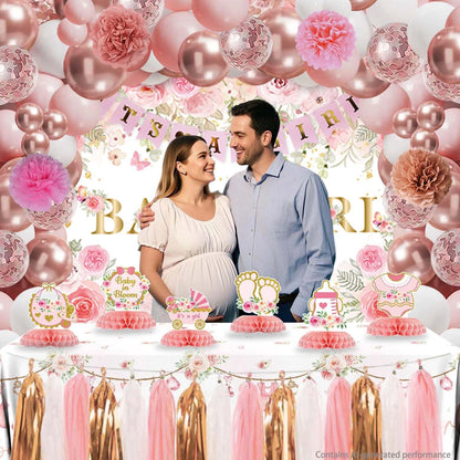 Floral Baby Shower Decorations for Girl, Pink Rose Gold Girl Baby Shower Decorations Party Supplies with Honeycomb Centerpieces Tablecloth Backdrop Tassel Balloons Arch Kit