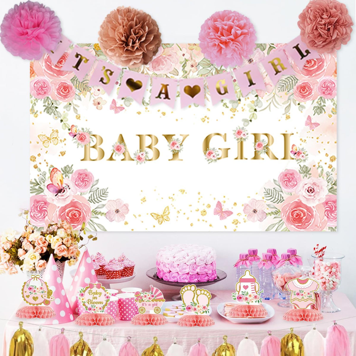 Floral Baby Shower Decorations for Girl, Pink Rose Gold Girl Baby Shower Decorations Party Supplies with Honeycomb Centerpieces Tablecloth Backdrop Tassel Balloons Arch Kit