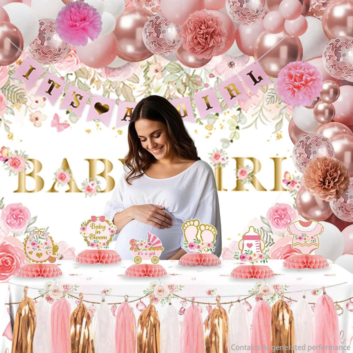 Floral Baby Shower Decorations for Girl, Pink Rose Gold Girl Baby Shower Decorations Party Supplies with Honeycomb Centerpieces Tablecloth Backdrop Tassel Balloons Arch Kit
