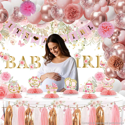 Floral Baby Shower Decorations for Girl, Pink Rose Gold Girl Baby Shower Decorations Party Supplies with Honeycomb Centerpieces Tablecloth Backdrop Tassel Balloons Arch Kit