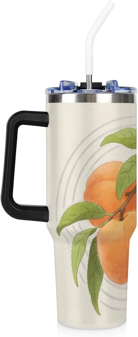 KOBLEN Tree Branch Peach Pattern 40 Oz Tumbler with Handle and Straw Leak Proof Travel Coffee Mug Stainless Steel Insulated Tumblers Gifts for Women Men
