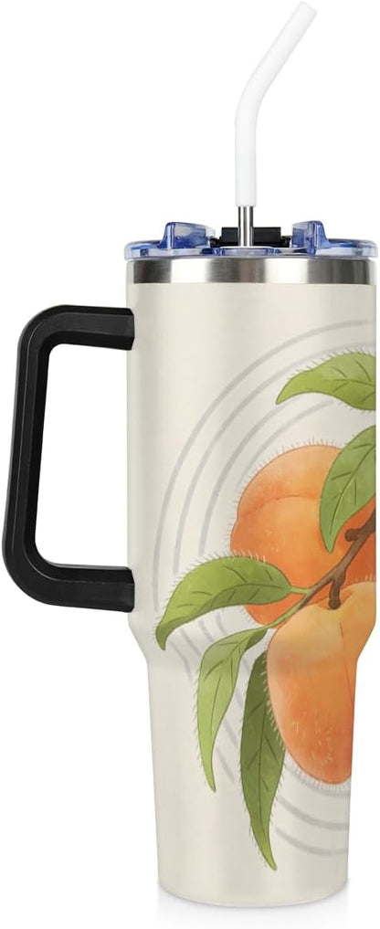 KOBLEN Tree Branch Peach Pattern 40 Oz Tumbler with Handle and Straw Leak Proof Travel Coffee Mug Stainless Steel Insulated Tumblers Gifts for Women Men