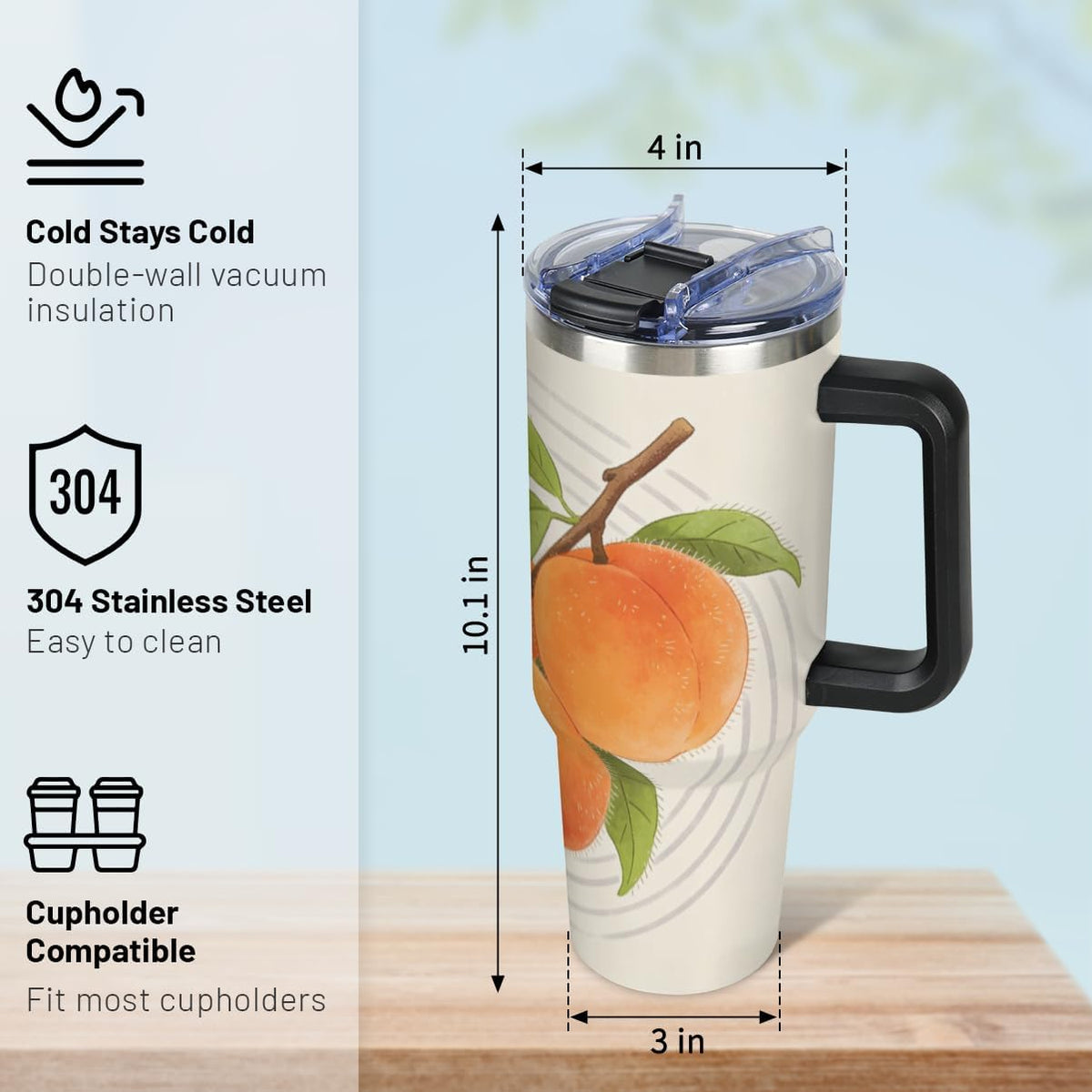 KOBLEN Tree Branch Peach Pattern 40 Oz Tumbler with Handle and Straw Leak Proof Travel Coffee Mug Stainless Steel Insulated Tumblers Gifts for Women Men