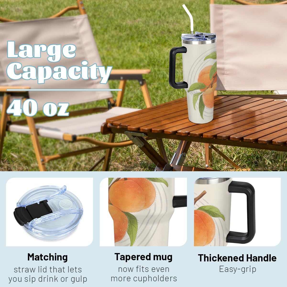 KOBLEN Tree Branch Peach Pattern 40 Oz Tumbler with Handle and Straw Leak Proof Travel Coffee Mug Stainless Steel Insulated Tumblers Gifts for Women Men