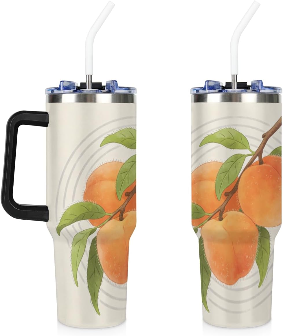 KOBLEN Tree Branch Peach Pattern 40 Oz Tumbler with Handle and Straw Leak Proof Travel Coffee Mug Stainless Steel Insulated Tumblers Gifts for Women Men