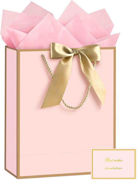 Pink Gift Bags with Handles, Gift Bags with Tissue Paper, 1PCS Gift Bags with Ribbon and 1 Cards 2 Tissue Paper, for Valentines Day Baby Shower Birthday Party Wedding Mothers Day