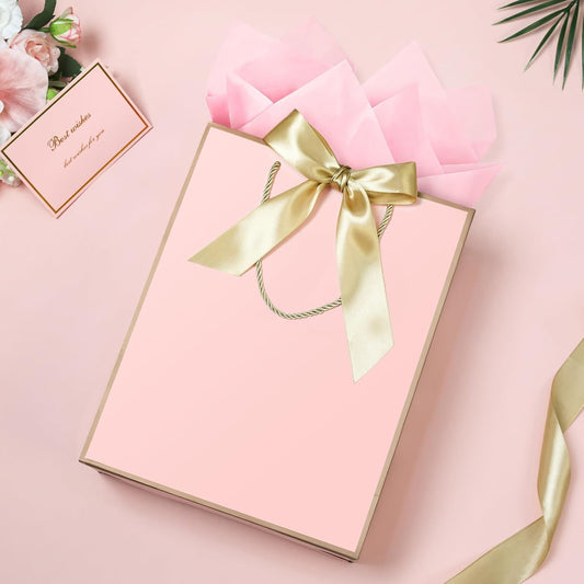 Pink Gift Bags with Handles, Gift Bags with Tissue Paper, 1PCS Gift Bags with Ribbon and 1 Cards 2 Tissue Paper, for Valentines Day Baby Shower Birthday Party Wedding Mothers Day