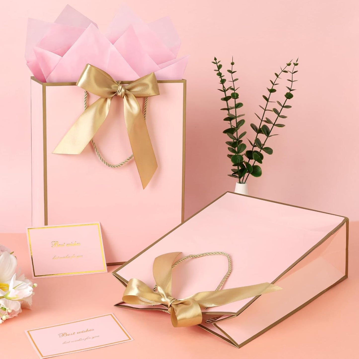 Pink Gift Bags with Handles, Gift Bags with Tissue Paper, 1PCS Gift Bags with Ribbon and 1 Cards 2 Tissue Paper, for Valentines Day Baby Shower Birthday Party Wedding Mothers Day