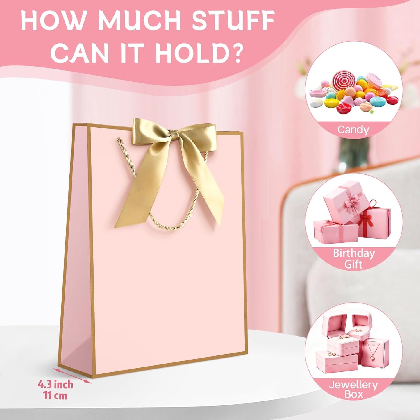 Pink Gift Bags with Handles, Gift Bags with Tissue Paper, 1PCS Gift Bags with Ribbon and 1 Cards 2 Tissue Paper, for Valentines Day Baby Shower Birthday Party Wedding Mothers Day
