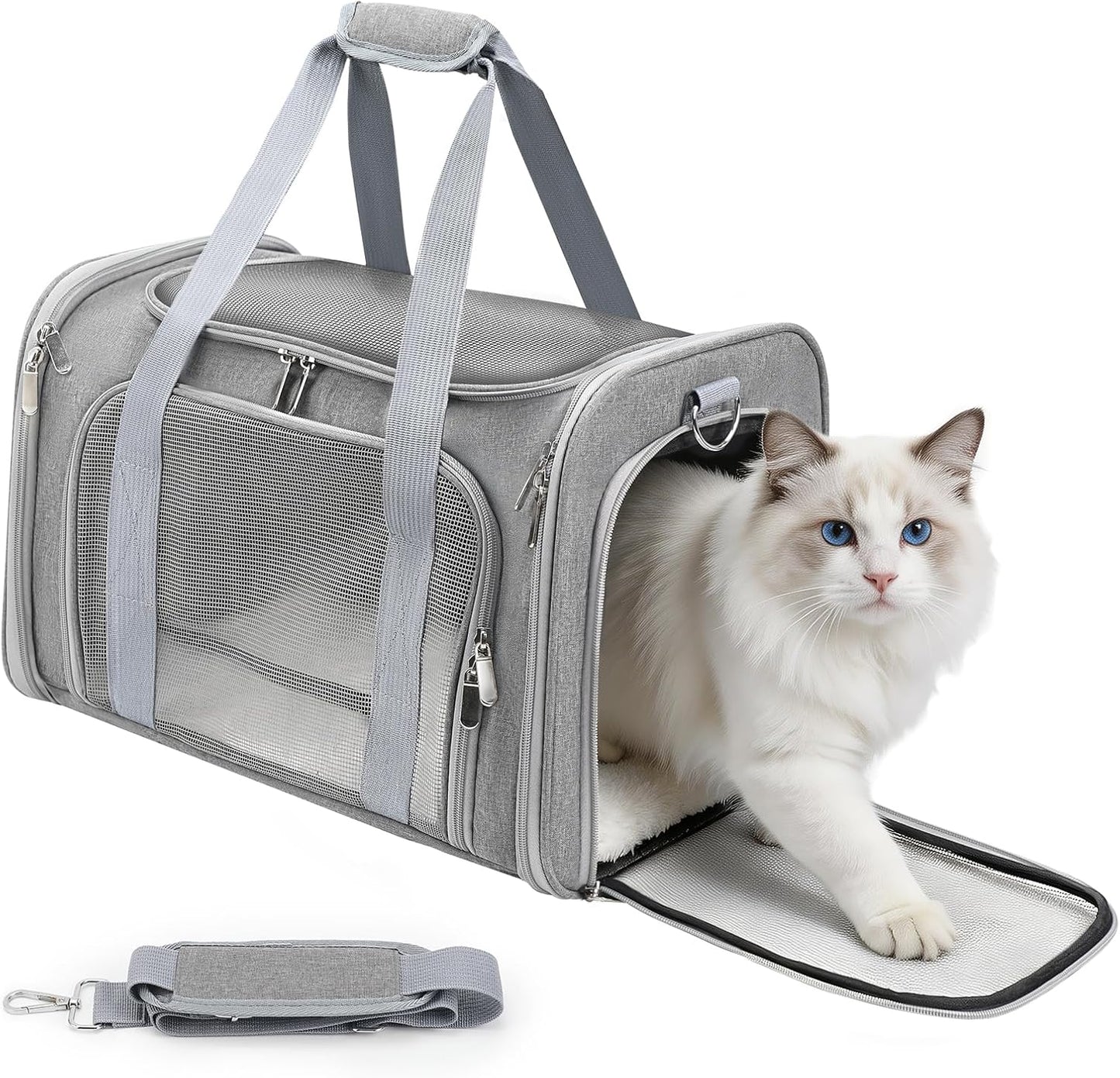 Cat Carrier Soft, Dog Carriers for Small Dogs/Large Cats (Up to 16lbs), with High Breathability, Shoulder Strap, Removable Pad, Pet Carrier Airline Approved, for Home Outdoor Travel (Gray)