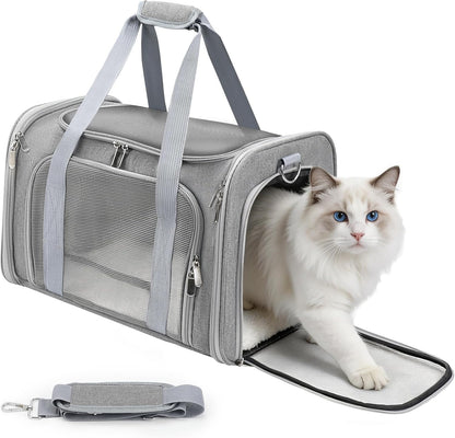 Cat Carrier Soft, Dog Carriers for Small Dogs/Large Cats (Up to 16lbs), with High Breathability, Shoulder Strap, Removable Pad, Pet Carrier Airline Approved, for Home Outdoor Travel (Gray)